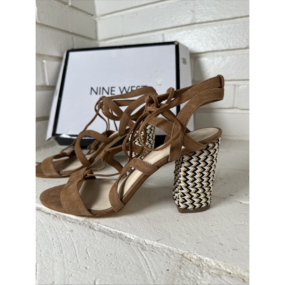 NIB Nine West 9.5 Bizzy Brown Leather Suede Lace Up Block Braided Heeled Sandals